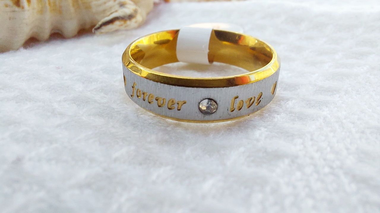 Anel aço inoxidável prateado e dourado com forever love