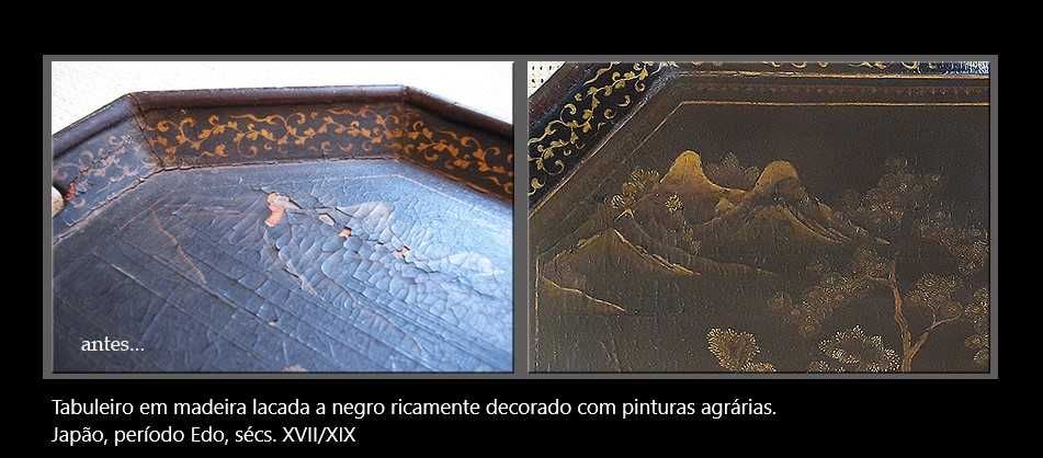 Tabuleiro antigo com chinoiseries, madeira Paulownia, restaurado.