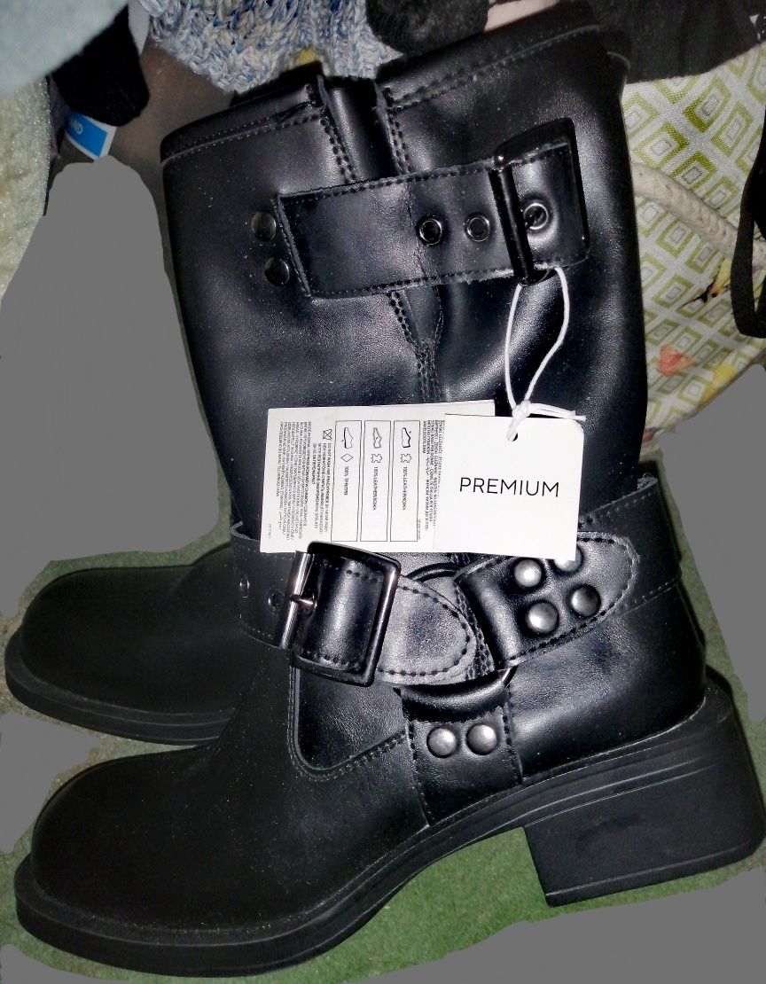 RESERVED PREMIUM buty SKÓRZANE skóra botki bikery Ze SrebrnymiOkuciami
