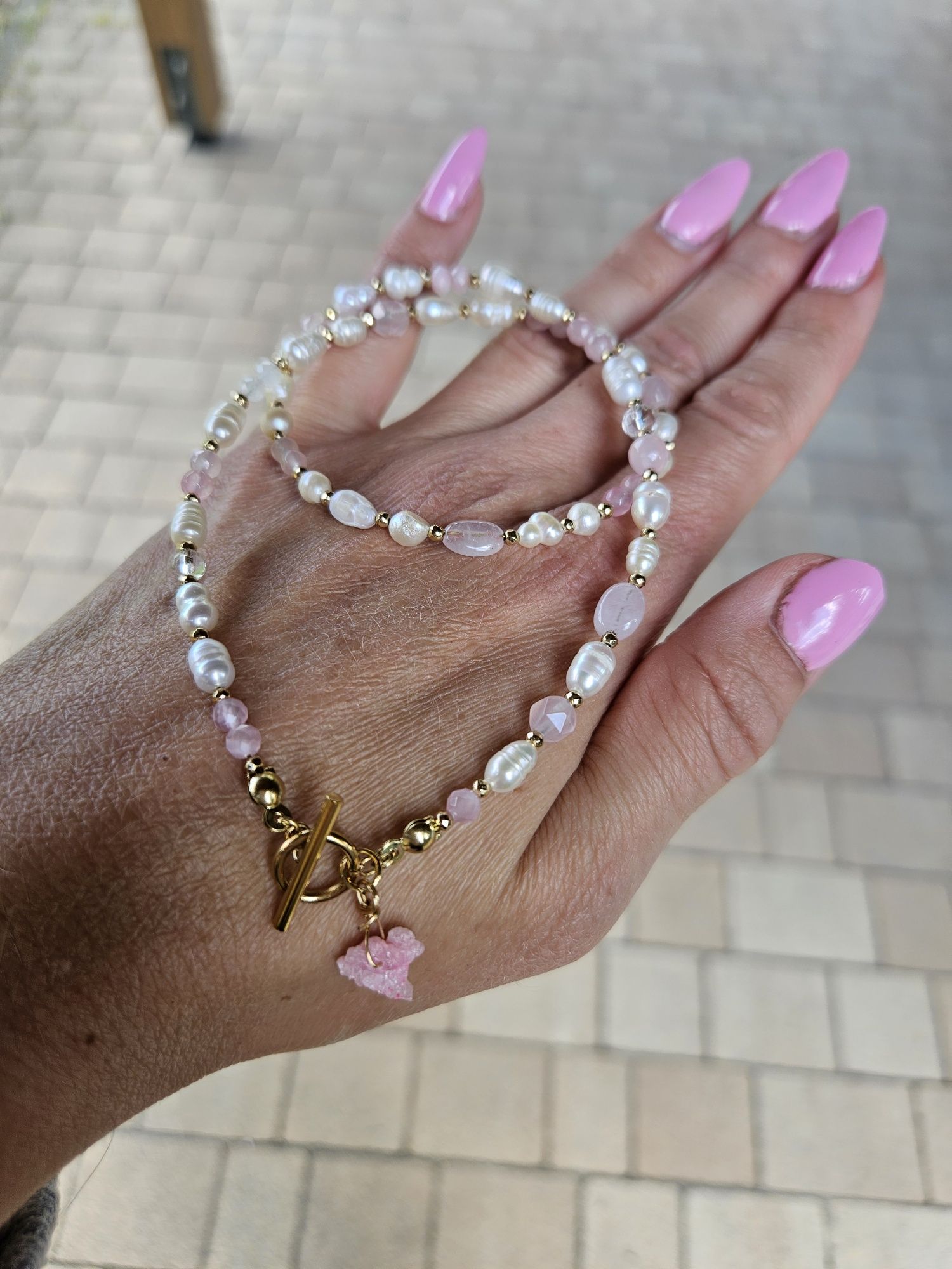 Naszyjnik Choker kamienie naturalne Perły Naturalne Kwarc Różowy Agat