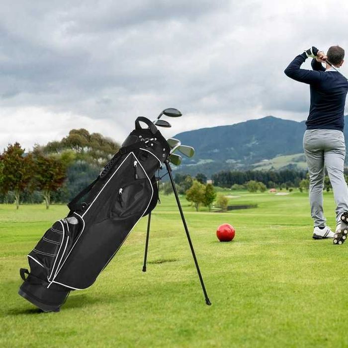 Torba golfowa na kije z dwójnogiem, 4 kieszenie czarna lekka i pojemna