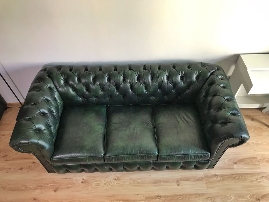 Sofa skórzana chesterfield zielona, skóra naturalna antykowana, 3 os.