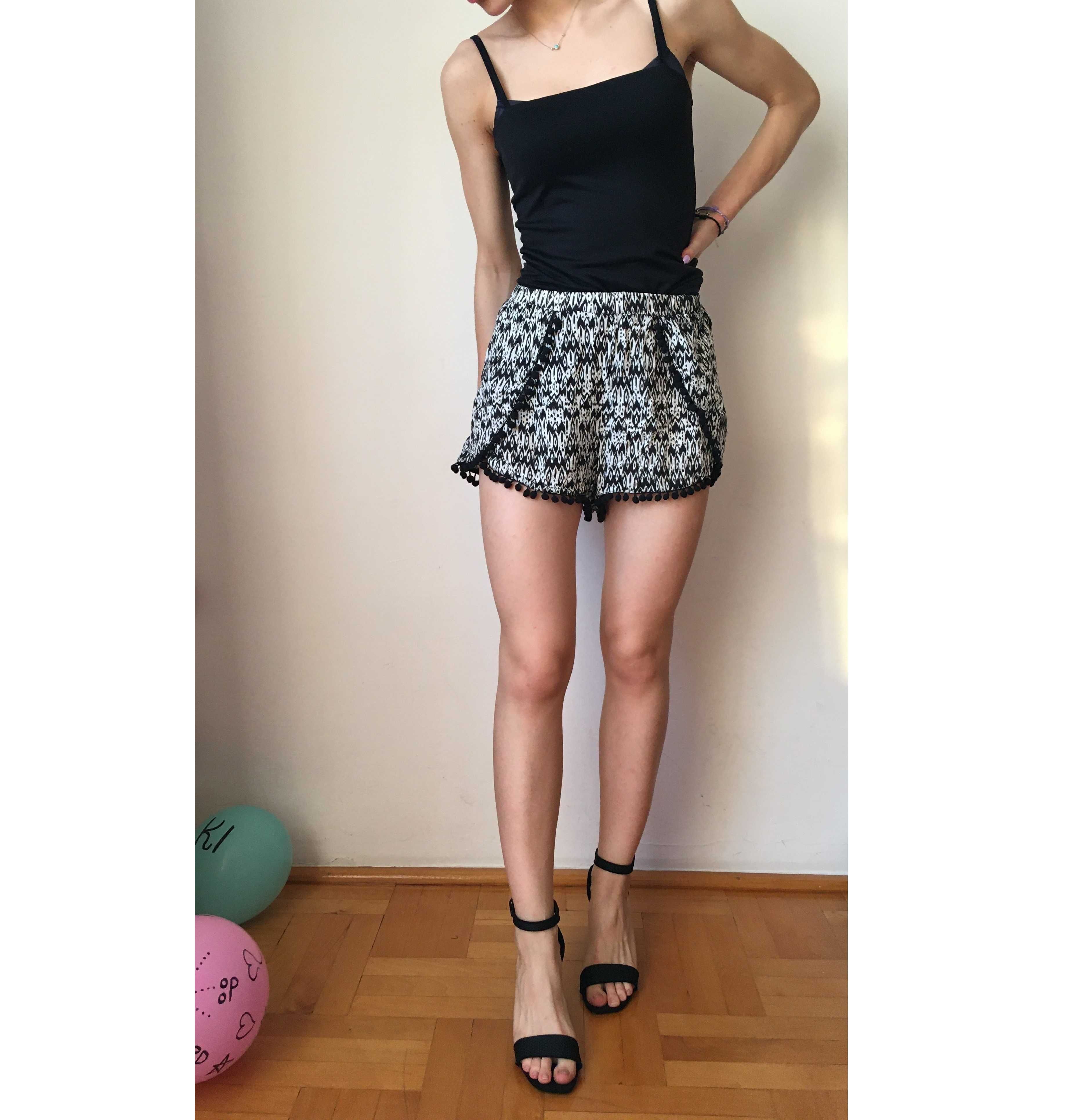 Spodenki shorty letnie 38 L H&M pomponiki biało czarne