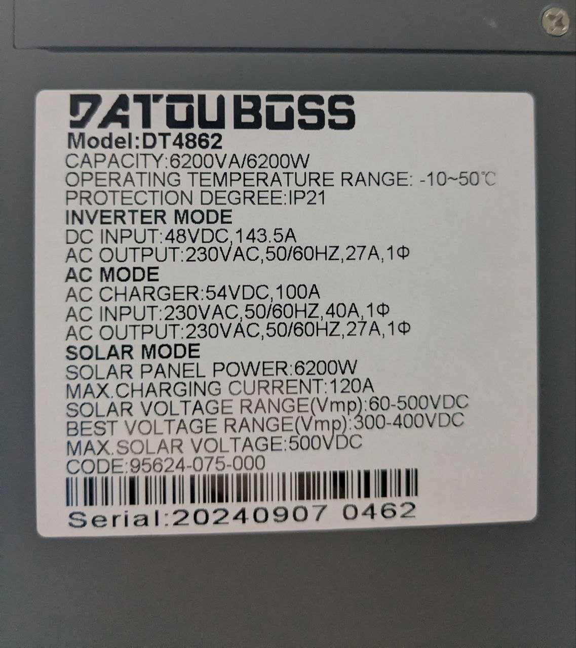 Якісний гібридний інвертор Datou Boss 6200 48V + WiFi