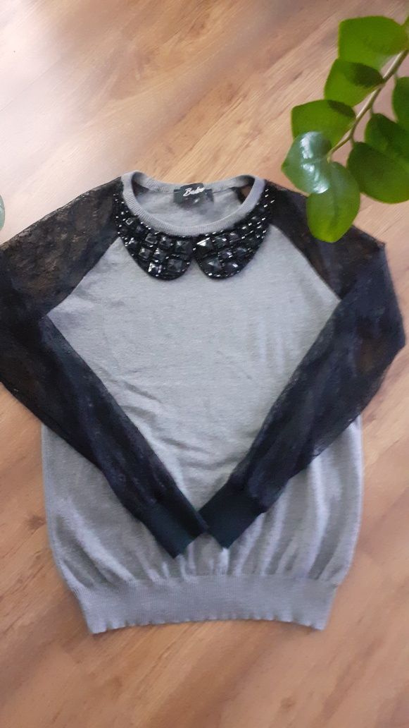 Sweter koronka kołnierzyk cekiny 36 S