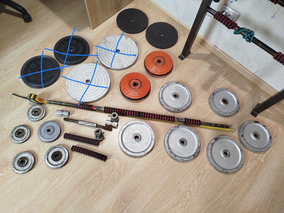 Штанга (Гриф) укомплектована блинами 70 кг + гантеля до неї.