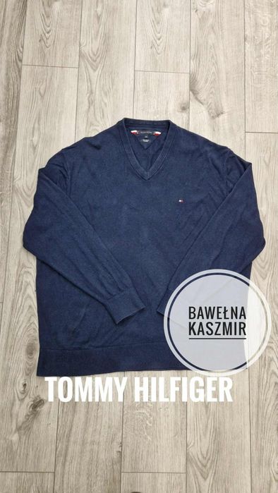 Granatowy sweter męski dekolt w serek Tommy Hilfiger 4XL bawełna kaszm