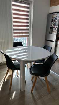 Stół okrągły-rozkładany biały połysk + 4 krzesła. Stan bardzo dobry!