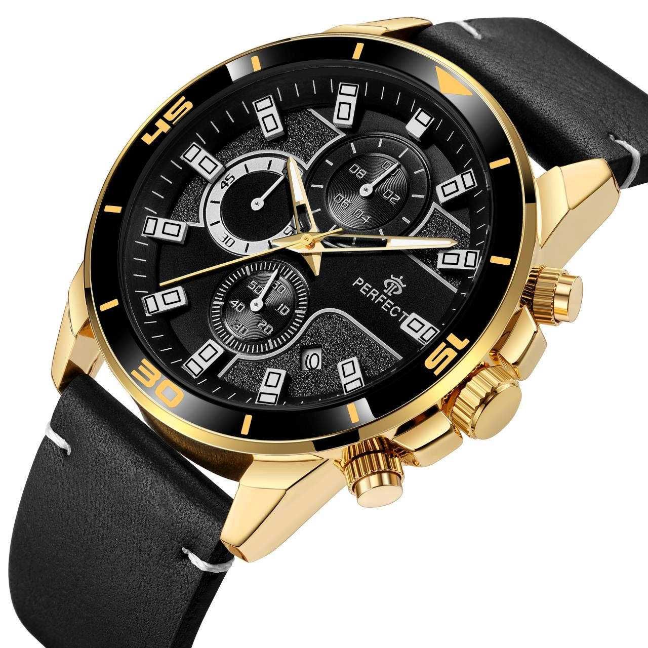 Czarno-złoty zegarek męski na pasku duży solidny Perfect