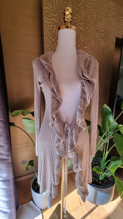 Dlugi beżowy kardigan wiązany sznurkiem  Wendy Trendy