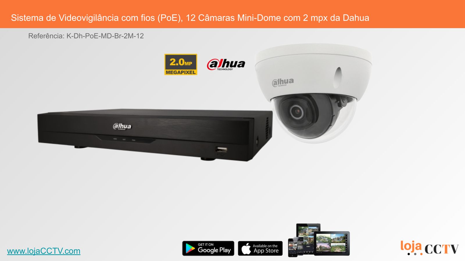 Videovigilância com fios (PoE) 12 Câmaras Mini-Dome 2 mpx, Dahua