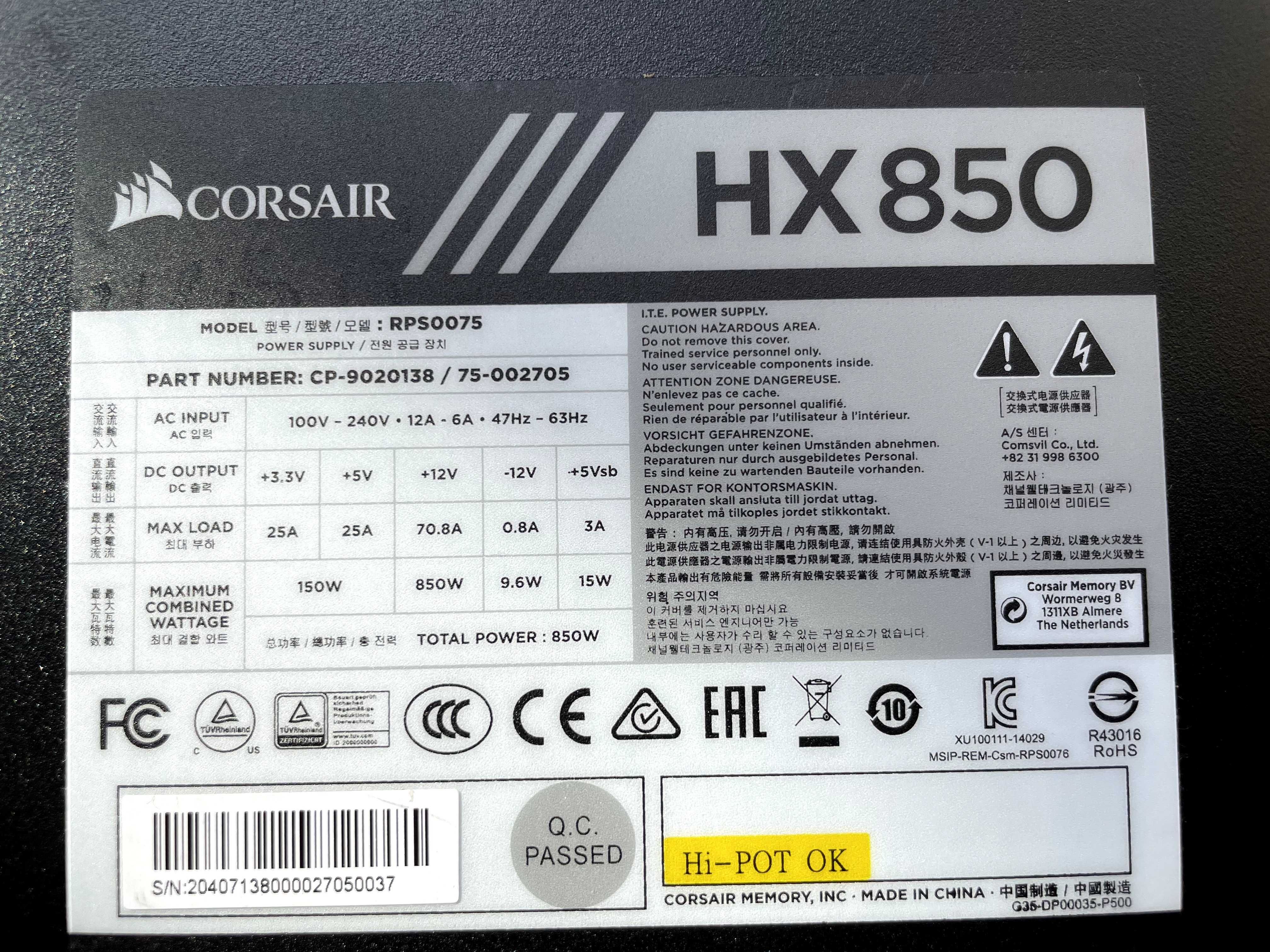 Zasilacz Corsair HX850 850W 80+ PLATINUM