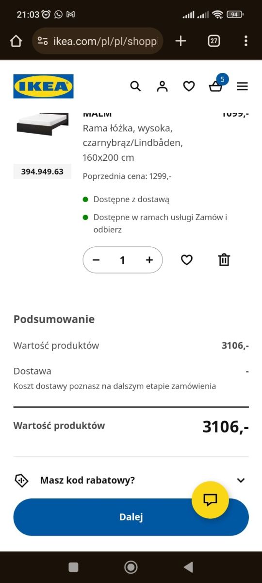 Ikea MALM Rama łóżka z 2 pojemnikami brązowe NOWY MATERAC