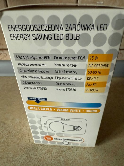 Żarówka LED E27 A65 15W = 100W SMD 1521lm 240° Energooszczędna  3000K