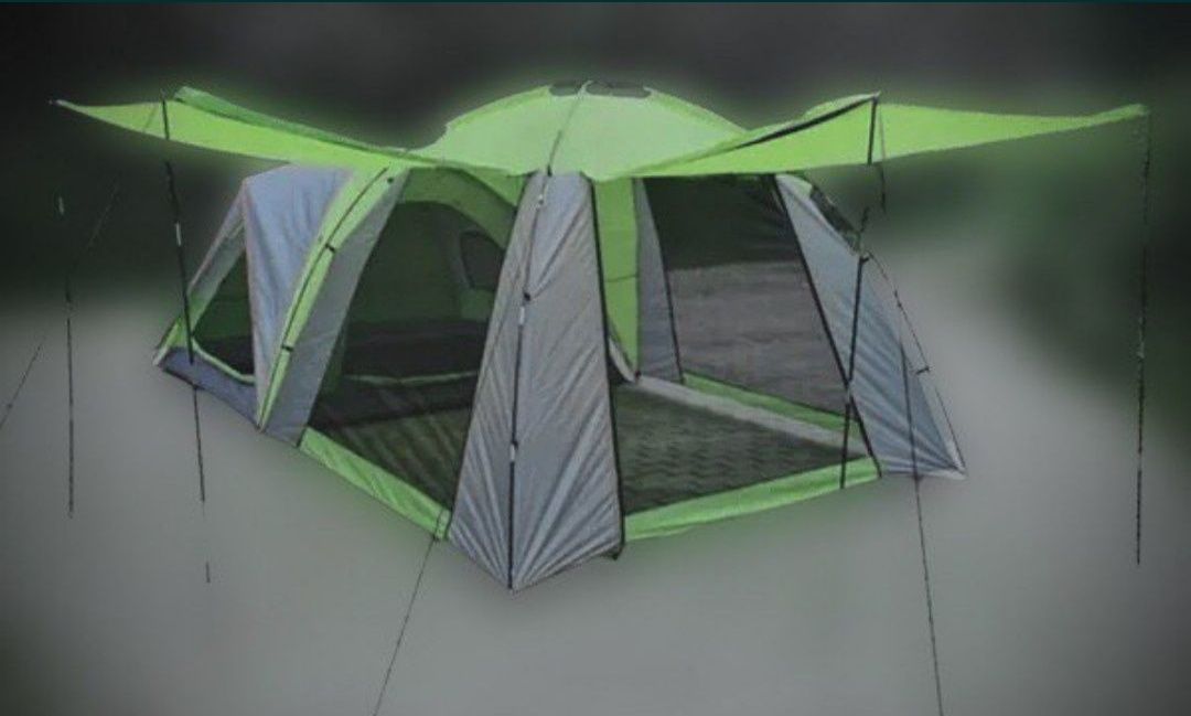 Две тандемные палатки 4-х местная кухня беседка зелёно-серая