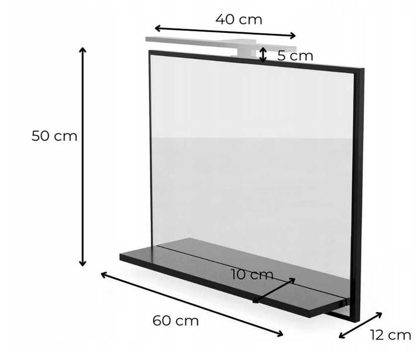 Lustro LED czarne mat 60x50 z półką kinkiet 4000K łazienkowe