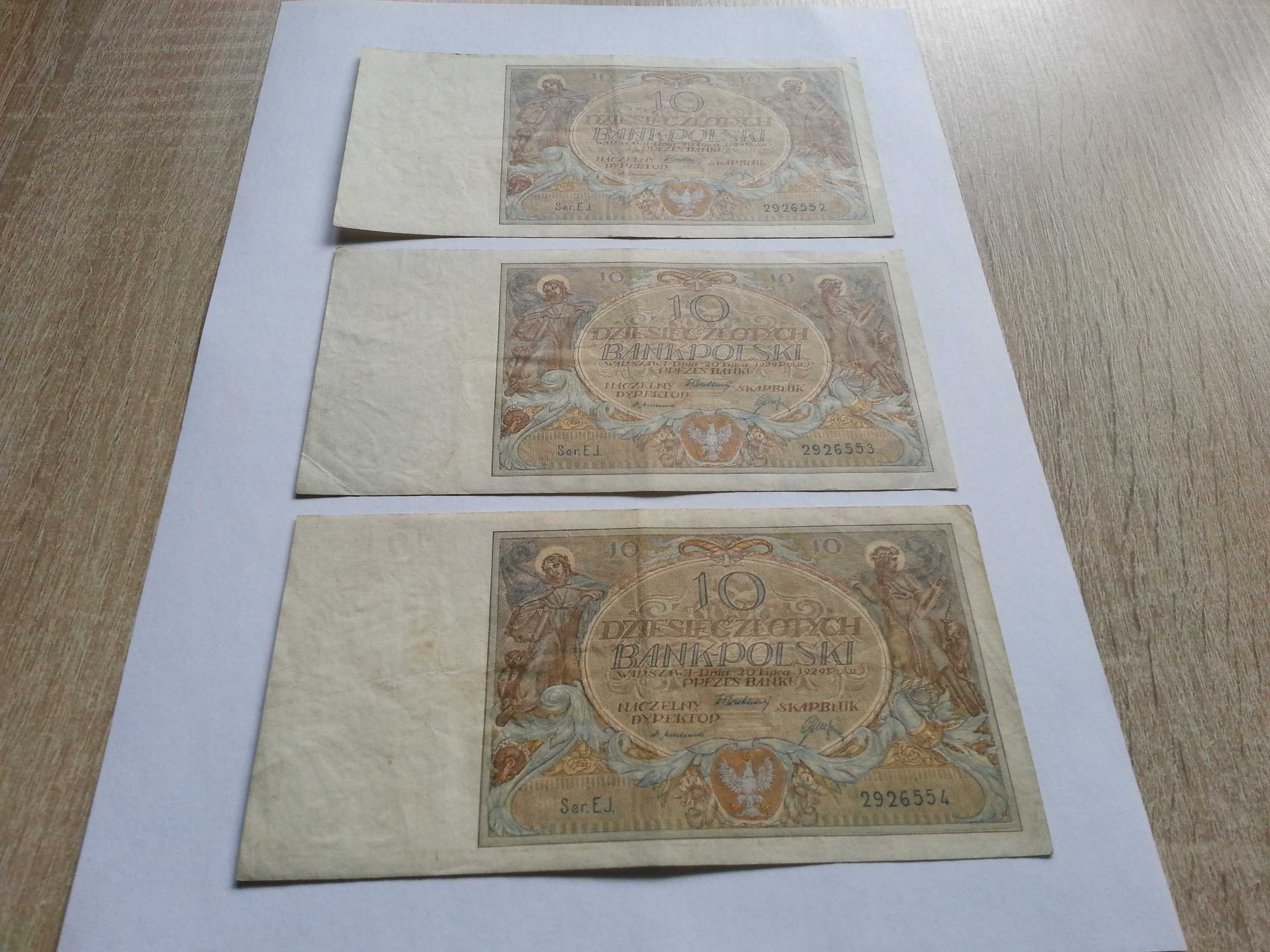 Przedwojenne polskie banknoty 3 x10 zł- 1929 r kolejne numery seryjne