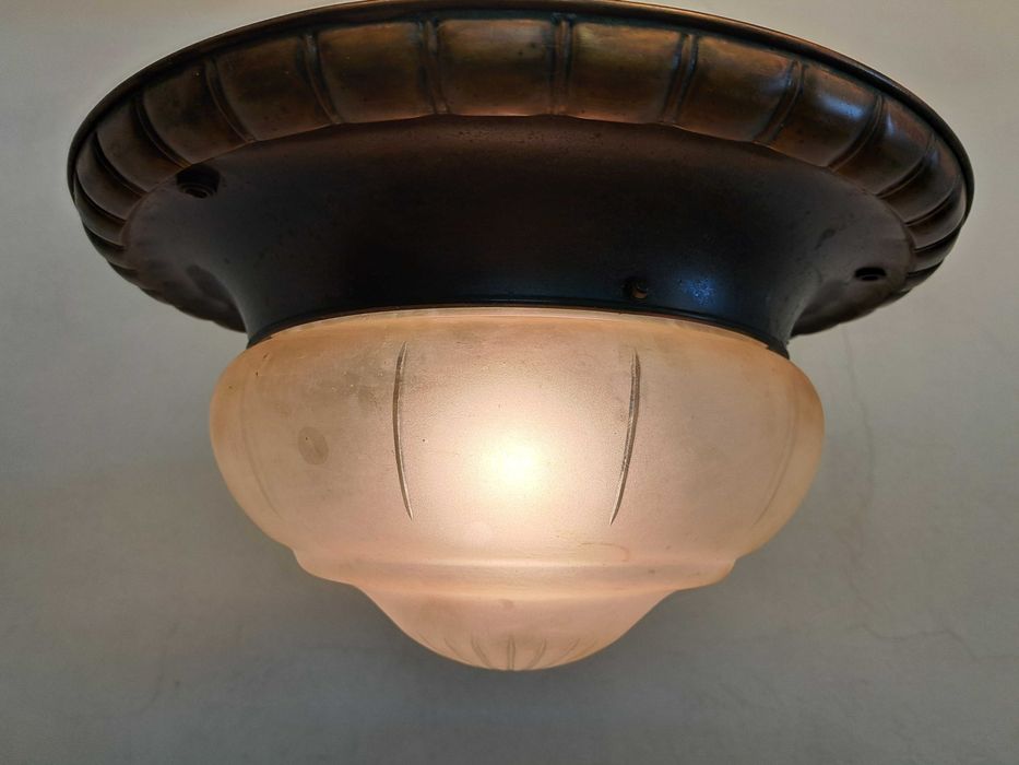 Plafon mosiężny art deco secesja szklany klosz grawerowany ampla lampa