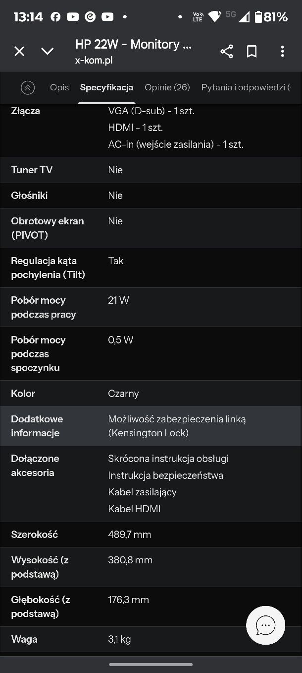 Monitor HP 22w super stan