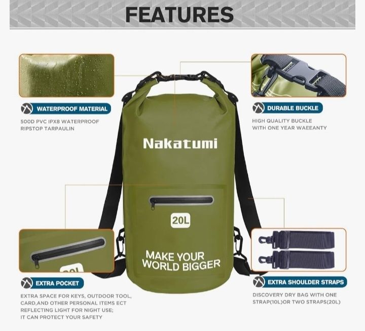 NAKATUMI Dry Bag 10L 20L, wodoodporny plecak, suchy worek