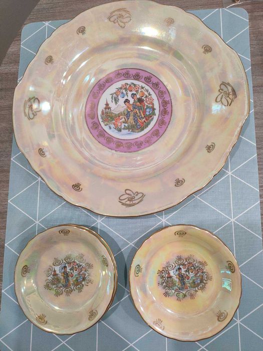 Фарфор из ГДР блюдо и 6 блюдец, перламутр позолота