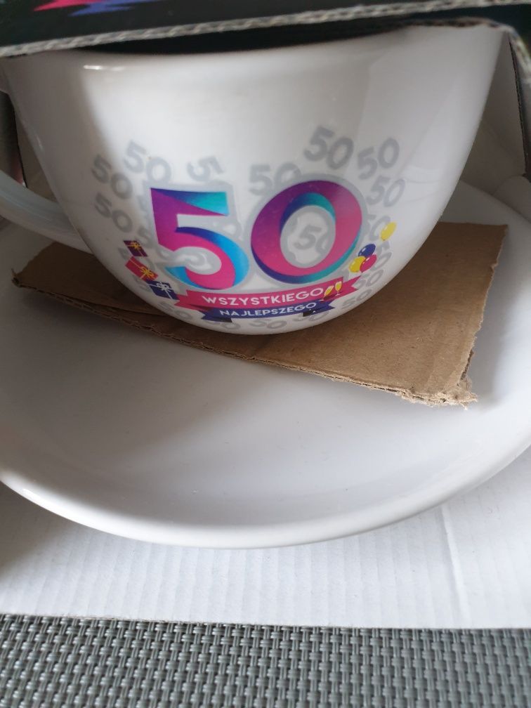 Zestaw, Filiżanka + Spodek na 50 urodziny porcelana nowa