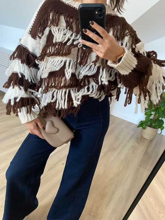 NOWY Sweter Shaggy Frędzle Boho Oversize UNI