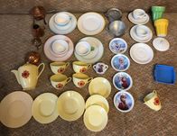 Naczynia dla lalek miedziane stare szwedzkie, porcelanowe, plastik
