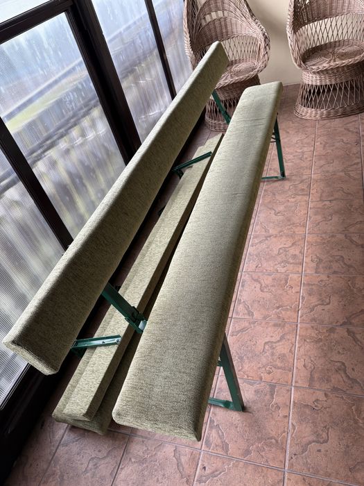 Ławki ogrodowe tapicerowane dwie sztuki zielone oliwkowe metalowe