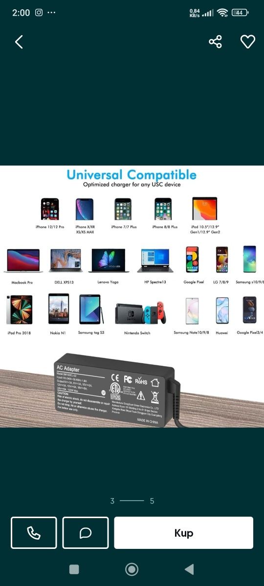 Adapter Przenośna ładowarka USB C typ C kabel zasilajacy do mac B