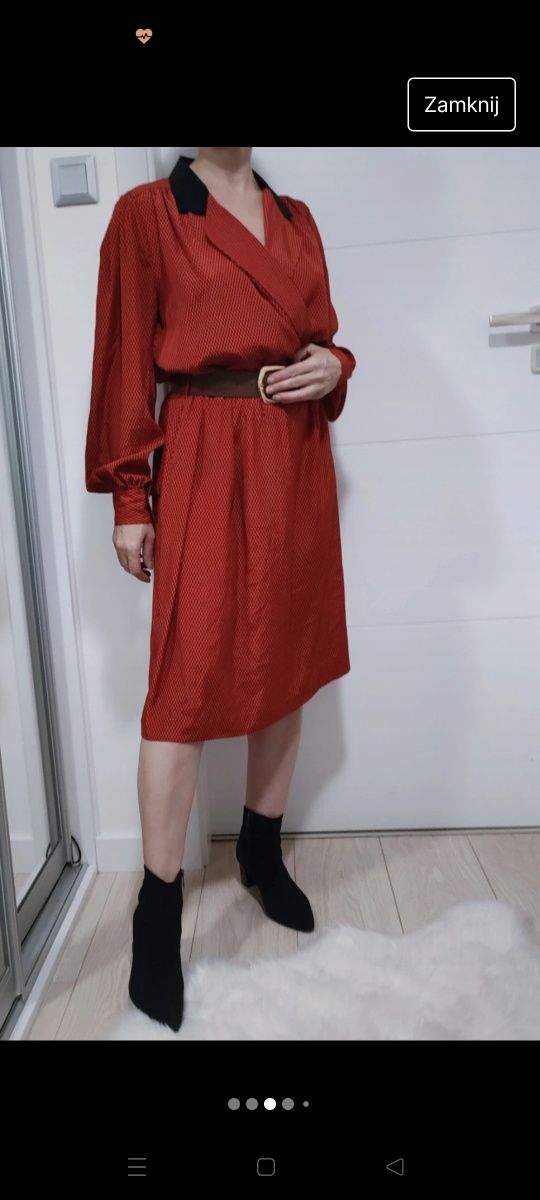 Kopertowa sukienka boho Midi 38 długi rękaw czerwona M