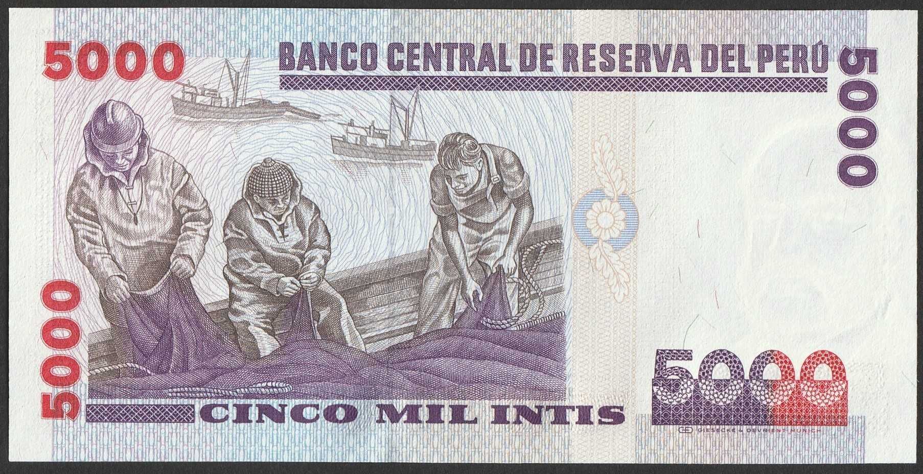 Peru 5000 intis 1988 - Miguel Grau - stan bankowy UNC