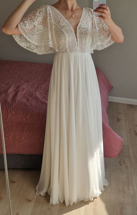 Suknia ślubna boho zwiewna muślin bawełna rękawki motylkowe eggshell