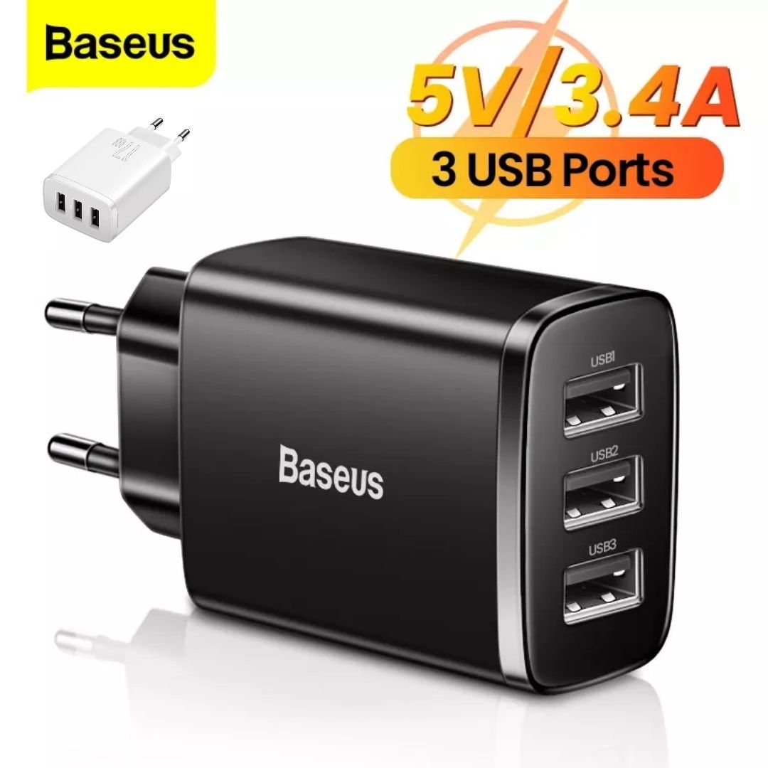 Зарядное Baseus 17W Compact 3USB сетевое зарядка кабель iphone xiaomi