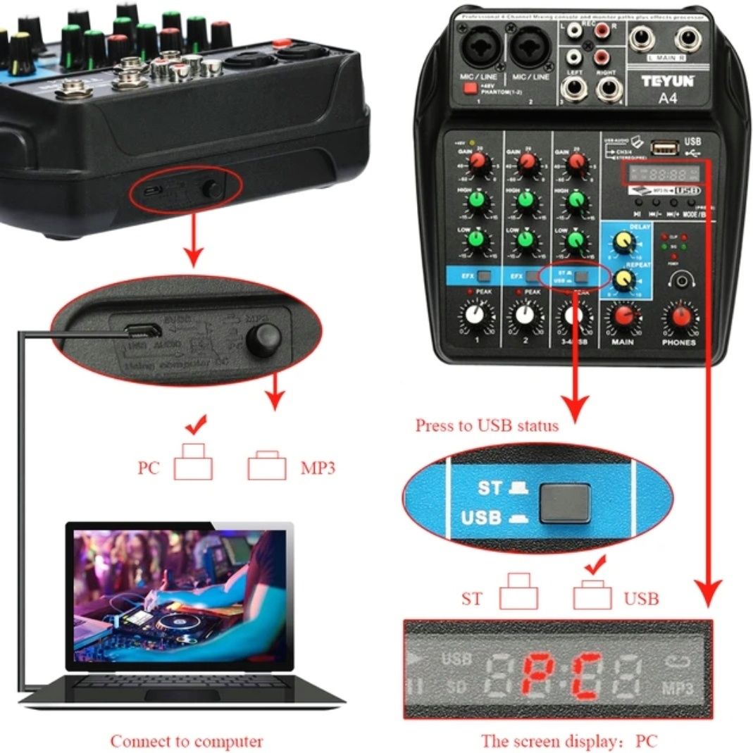 Mesa Consola Mixer Teyun TU-04 4 canais como nova!