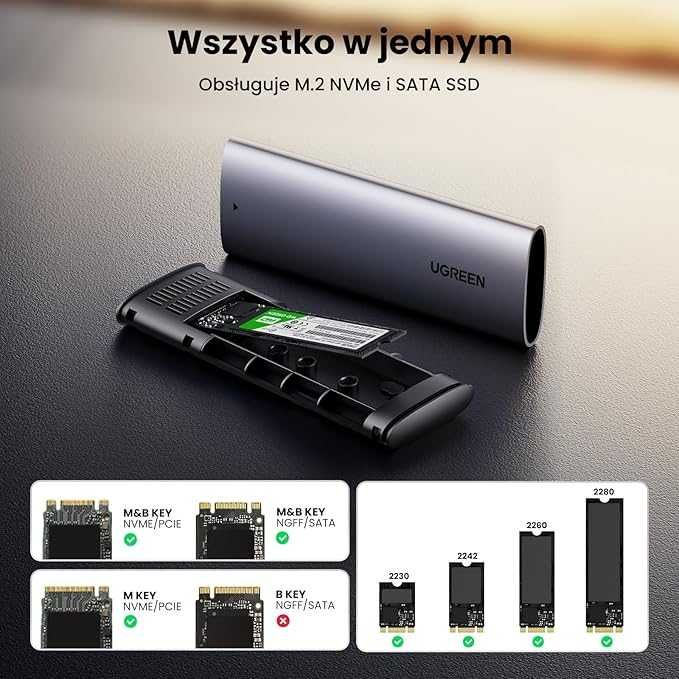 UGREEN Obudowa dysku USB 3.1 Gen 2 M.2 Zgodna z M.2 NVMe i M.2 NGFF