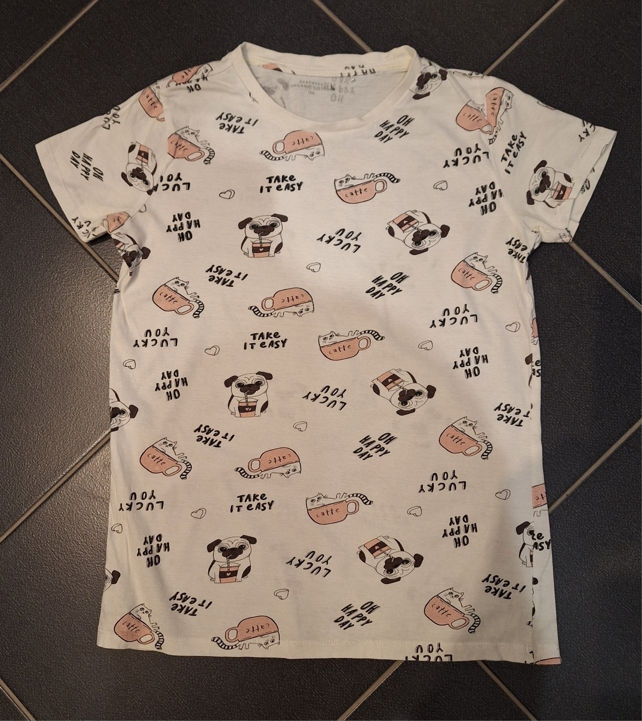 T-shirt dziewczęcy, biały w mopsy i koty (Reserved) 164 cm.