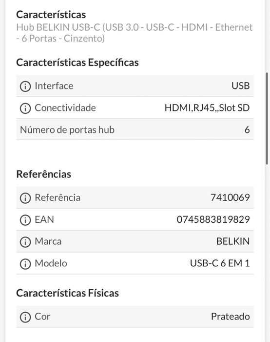 Belkin USB-C Hub (USB 3.0 – USB-C – HDMI – Ethernet – 6 Ports – Gray)64283892273155121