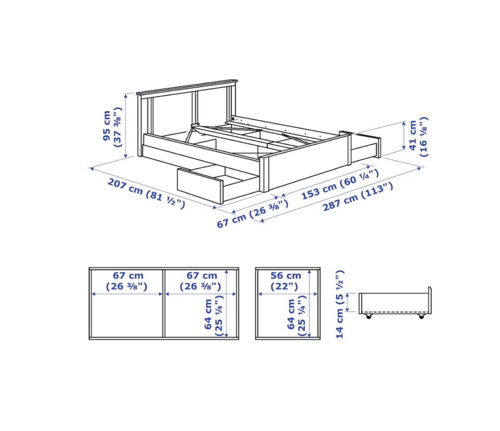 Estrutura cama c/ 4 gavetões + Estrado + Colchão 140x200cm