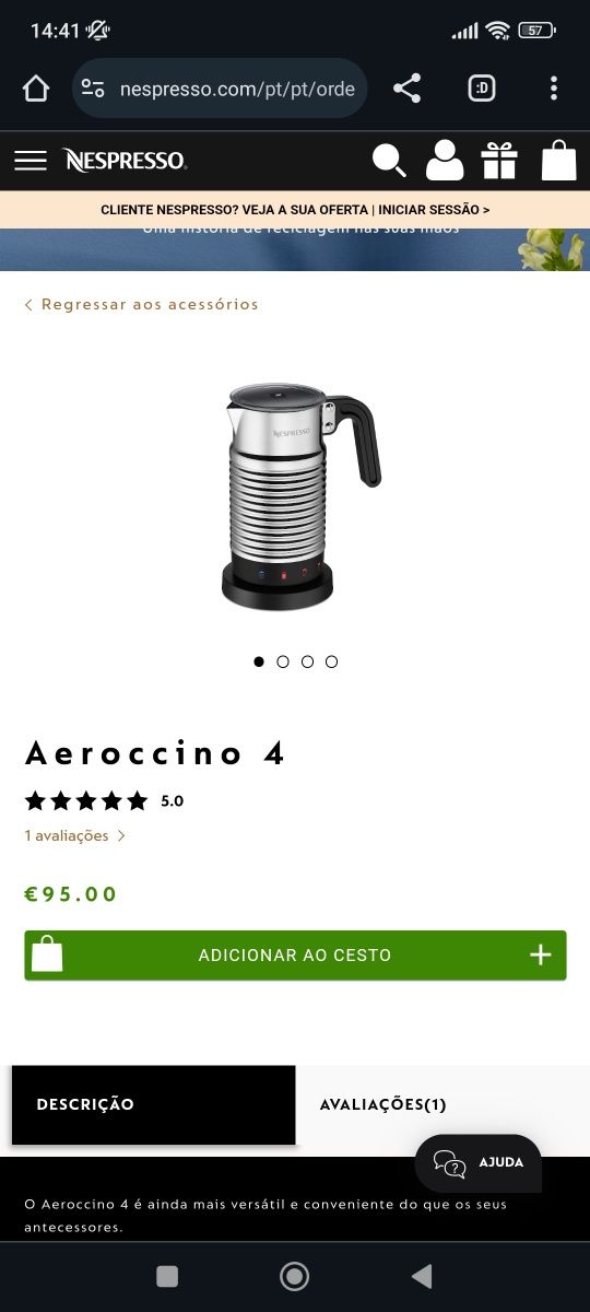 Nespresso Aeroccino 4 NOVO - NUNCA USADO