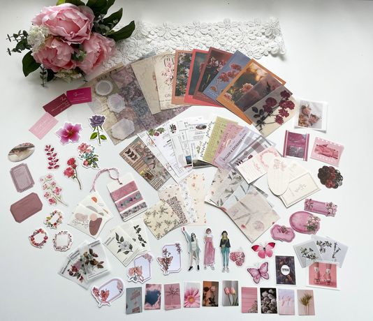 Zestaw 100 różowy kwiatowy wiosenny scrapbooking bullet journal