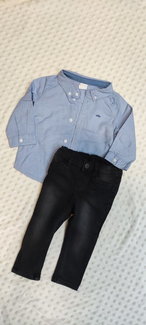 Zestaw H&M niebieska koszula czarne jeansy  74 6-9 miesięcy