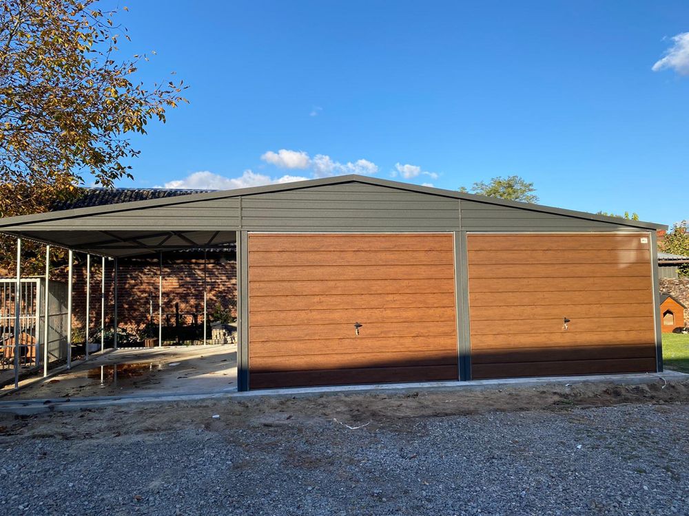 Garaż blaszany 6x6 plus wiata 3x6, grafit mat, antracyt, producent.