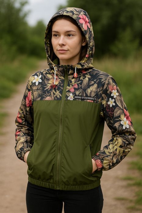 Damska kurtka przejściowa z kapturem wzór kwiaty L/XL
