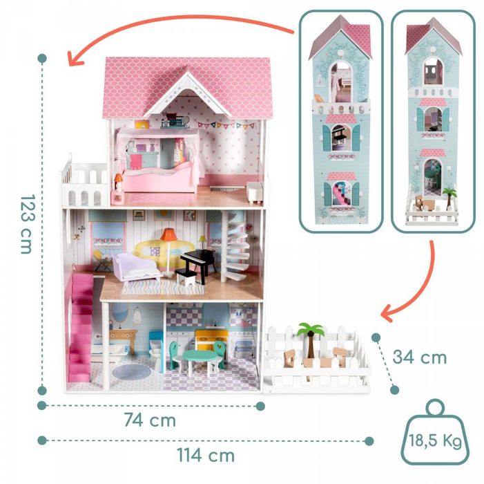 Domek dla Lalek XXL Drewniany z Tarasem i Światłem LED