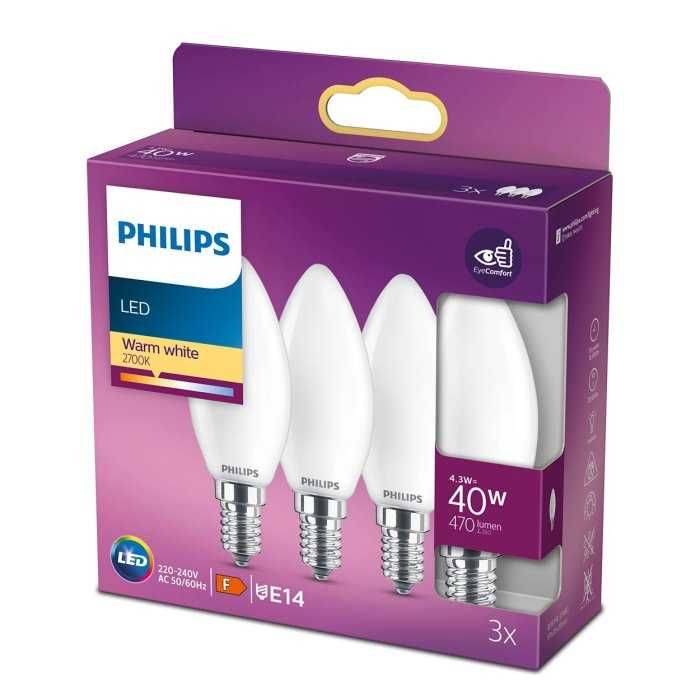 PHILIPS 3x żarówka LED 4,3W = 40W E14 470lm 2700K mleczne świeczki