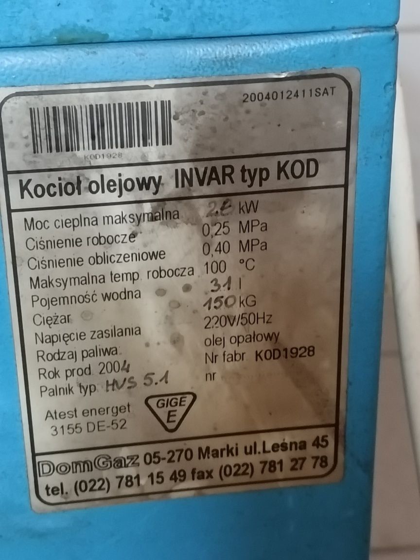Piec olejowy  DOMGAZ INVAR KOD 28KW CO,+CW