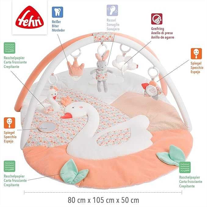 Fehn mata edukacyjna łabędź z pałąkiem z zabawkami 80 x 105 x 50 cm