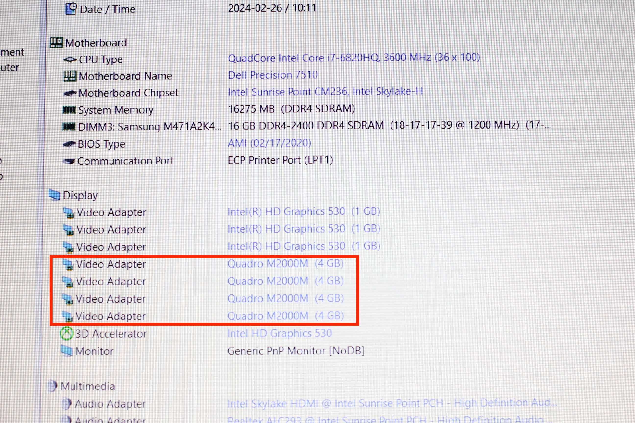 DELLPrecison7510/Corei7-6820HQ/NvidiaQuadroM2000M 4GB/16GB/SSD256/15.6