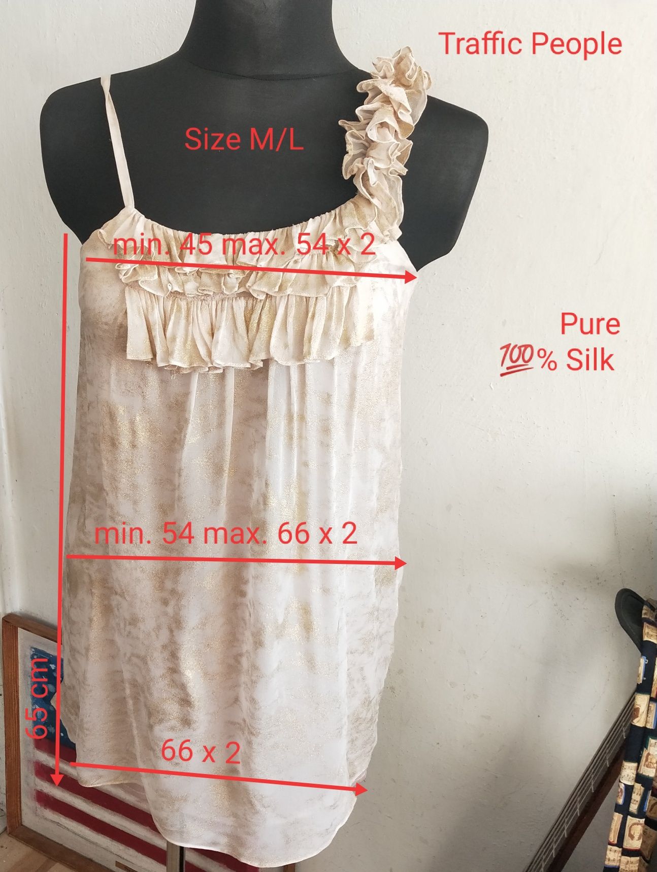 Koszulka, top, tunika 100% Pure Silk Traffic People beż złoto M/L